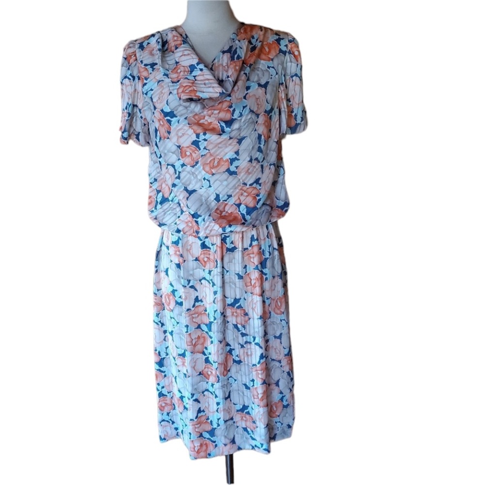1980s Leslie Fay Multi-Color Floral Secretary Dres